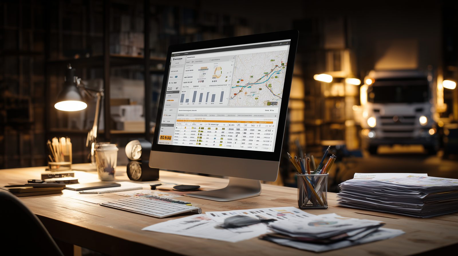 A professional logistics dashboard on a modern desk alongside trucking permits and paperwork