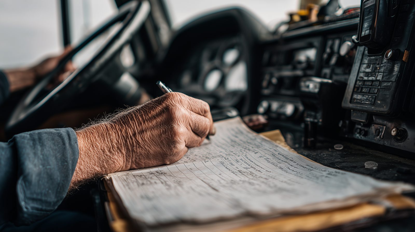 Close-up of hands reviewing paperwork inside a truck cab